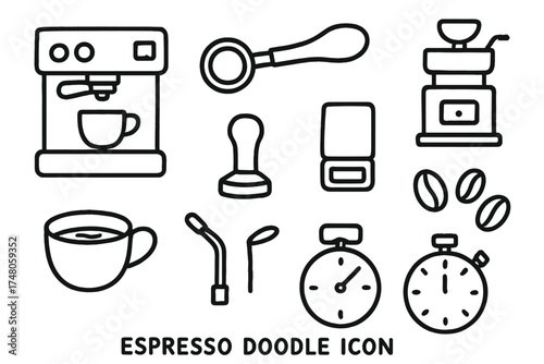 Espresso Icon Set. Espresso doodle icon set: hand drawn icons of espresso machine, portafilter, grinder, tamper, scale, cup, steam