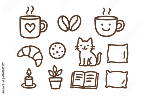 Coffee Doodle Icons. Coffee lovers doodle icon set: hand drawn icons of heart mug, smiley cup, bean heart, croissant, cookie,