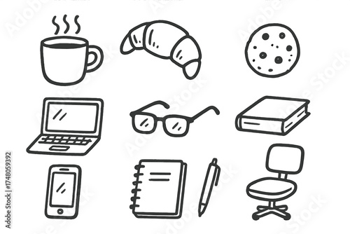 Coffee Break Icons. Coffee break doodle icon set: hand drawn icons of steaming mug, croissant, cookie, laptop, glasses, book,