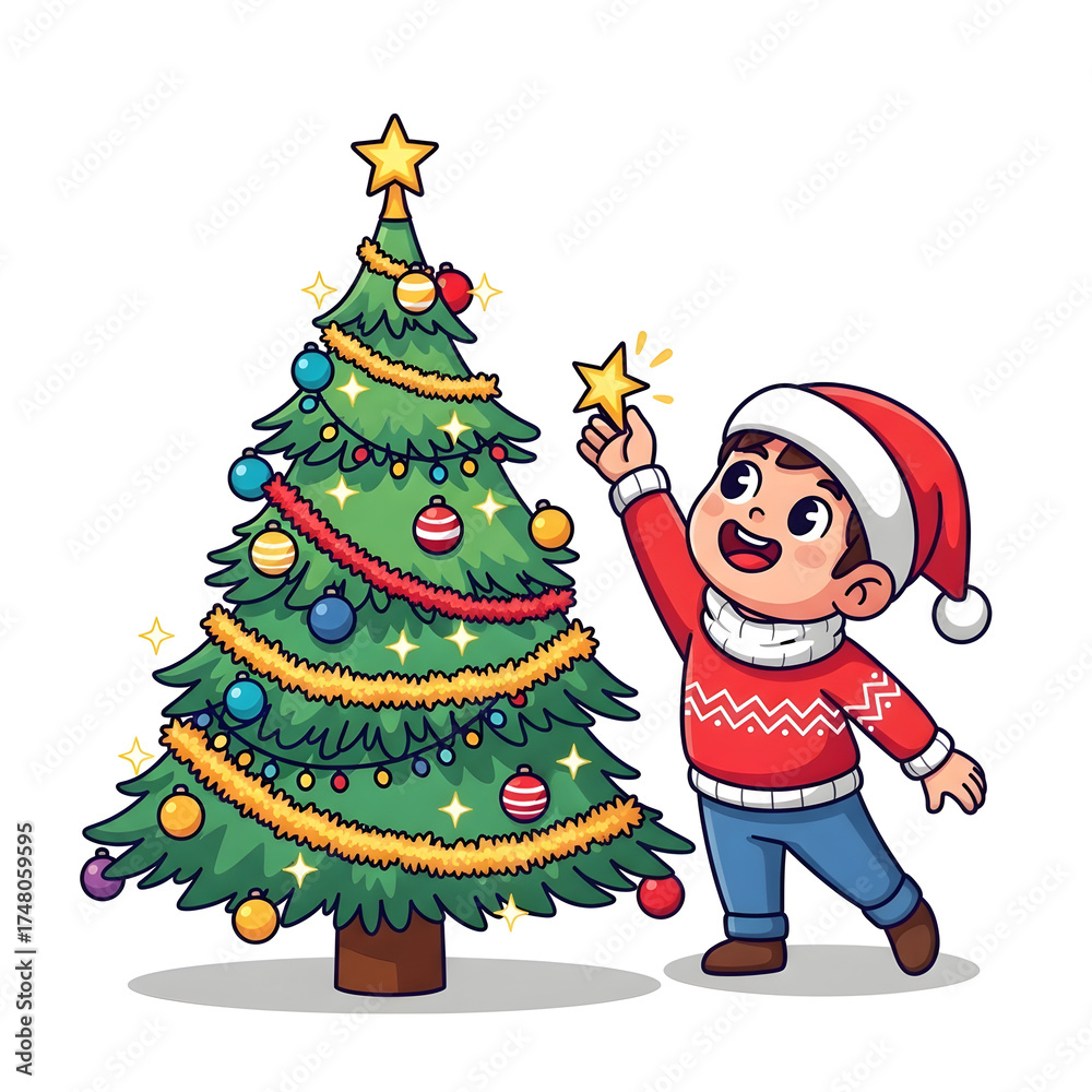 Fototapeta premium Cartoon boy in Santa hat decorating Christmas tree with a star - festive holidays