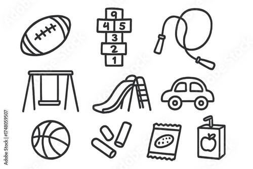 Recess Doodle Icons. Recess doodle icon set: hand drawn icons of football, hopscotch, skipping rope, swing, slide, toy car,