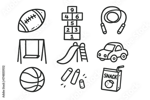 Recess Doodle Icons. Recess doodle icon set: hand drawn icons of football, hopscotch, skipping rope, swing, slide, toy car,