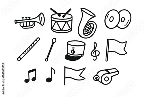 Marching Band Doodle Icons. Marching band doodle icon set: hand drawn icons of trumpet, drum, tuba, cymbals, flute, baton, uniform