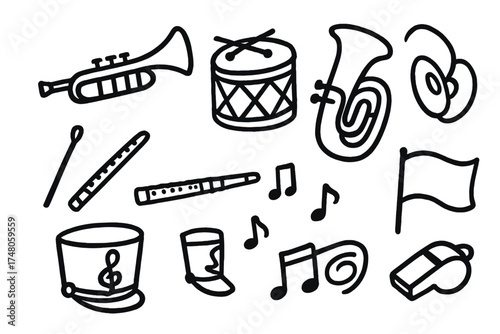 Marching Band Doodle Icons. Marching band doodle icon set: hand drawn icons of trumpet, drum, tuba, cymbals, flute, baton, uniform