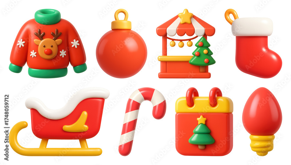 Fototapeta premium PNG Festive holiday 3D icons collection, element set on transparent background