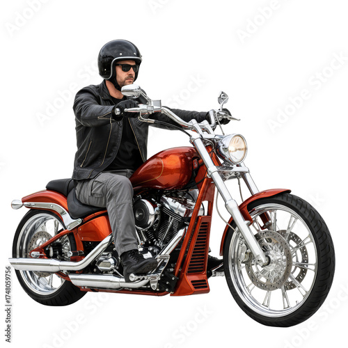 Rider cruises confidently on a gleaming copper-colored motorcycle with transparent cutout