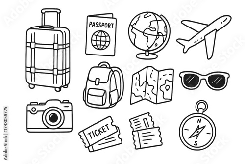 Travel Essentials Doodle. Travel doodle icon set: hand drawn icons of suitcase, passport, globe, airplane, camera, backpack, map,