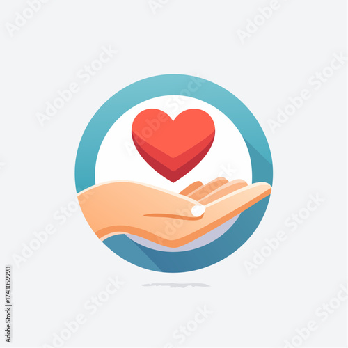 A caring hand holding a red heart in a circular icon symbolizing love, charity, and health.