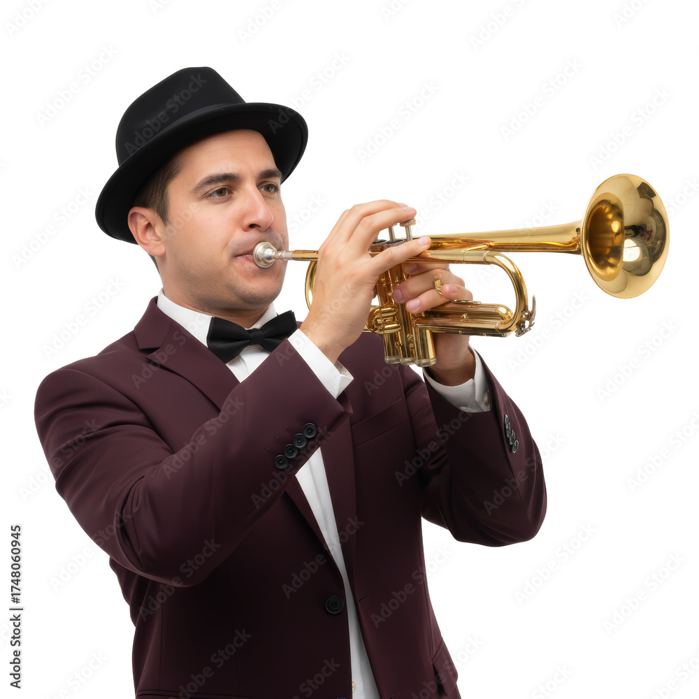 Obraz premium Musician in retro suit playing trumpet with passion against transparent space