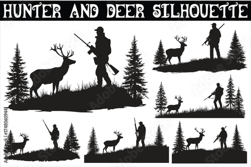 Striking Hunter and Deer Silhouette vector illustration featuring a skilled hunter aiming at a deer in a natural forest setting.