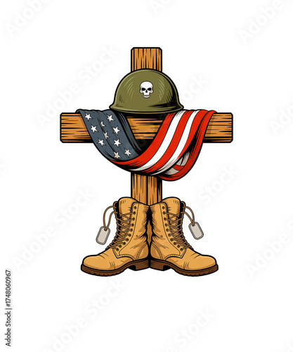 Military Memorial With Helmet Flag And Boots remembrance