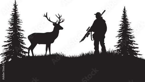 Striking Hunter and Deer Silhouette vector illustration featuring a skilled hunter aiming at a deer in a natural forest setting.