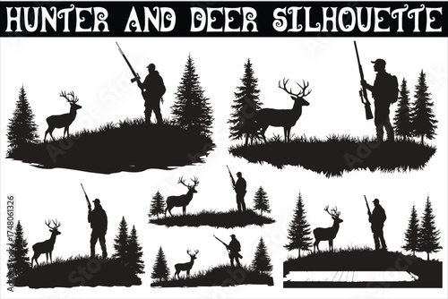 Striking Hunter and Deer Silhouette vector illustration featuring a skilled hunter aiming at a deer in a natural forest setting.