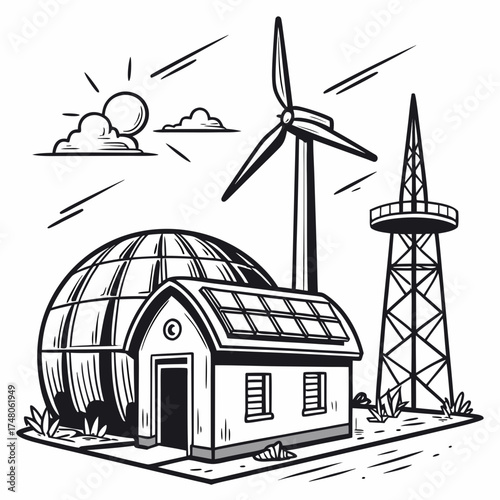 Eco friendly house with solar panels and wind turbine representing renewable energy sources