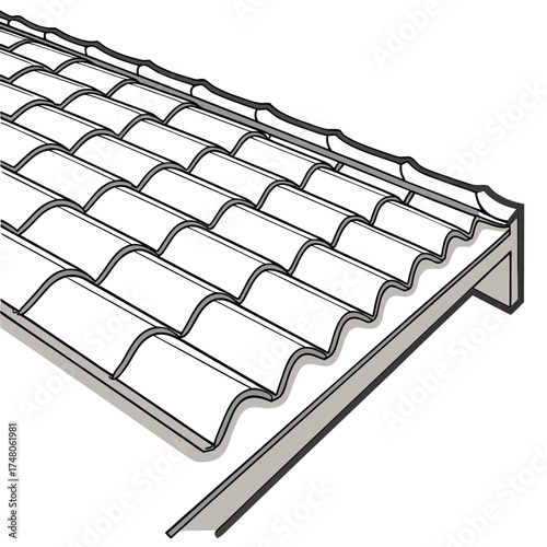 Detailed illustration of a white tiled roof edge with shadow and white background