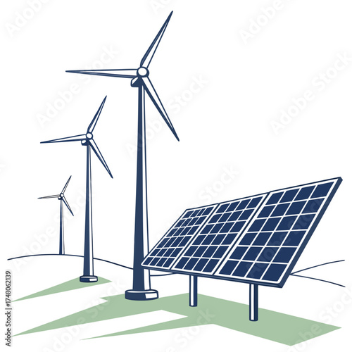 Illustration of wind turbines and solar panels representing renewable energy sources on a grassy landscape