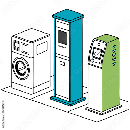 Illustration of three different types of modern payment and service kiosks in isometric view