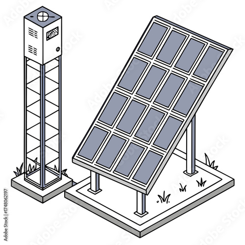 Isometric illustration of a solar panel array and a tall tower with a weather station or monitoring equipment