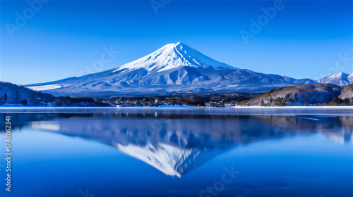 美しい雪景色の富士山と静かな湖の風景