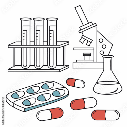 Medical research laboratory equipment with test tubes microscope flask and pills for scientific discovery