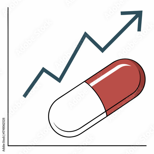 Pharmaceutical growth chart showing increasing trend with a red and white capsule medicine