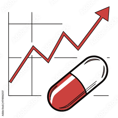 Red and white capsule next to a rising red arrow graph indicating growth and success