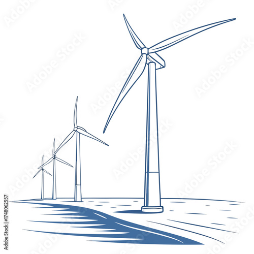 Row of wind turbines generating clean energy on a flat landscape with blue shadows