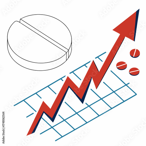 Rising healthcare costs depicted by a pill and an upward trending graph with red arrow