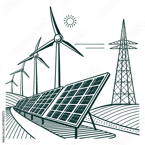 Renewable energy sources including solar panels and wind turbines connected to a power transmission tower