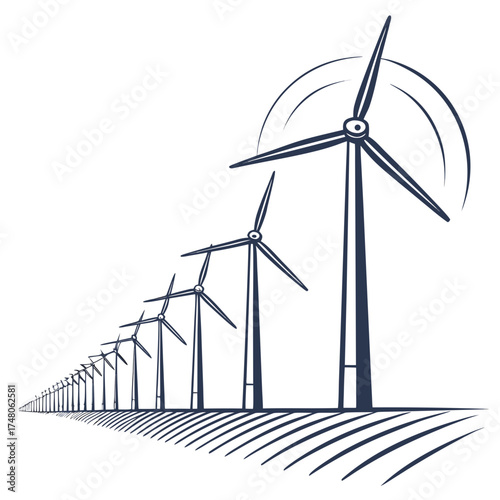 Row of wind turbines generating clean renewable energy in a stylized graphic design