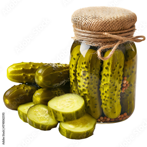 Pickles gherkins preserved vegetable display multiple angles front pile slice artwork graphic in clear view with natural colors and sharp focus on a plain background. Simple clean style for stock use