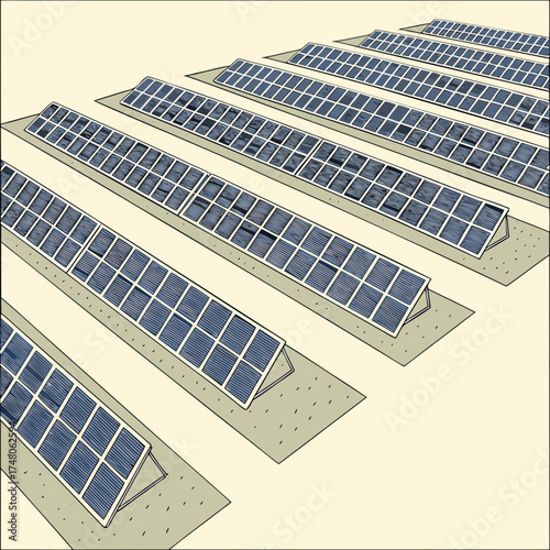 Rows of solar panels arranged in a field generating clean renewable energy from the sun