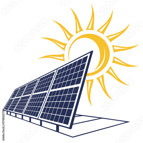 Stylized sun shining brightly on a row of dark blue solar panels generating clean energy