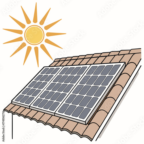 Solar panels installed on a tiled roof under a bright cartoon sun illustration