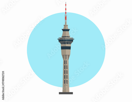 Illustration of the Sky Tower in Auckland with a red antenna and observation decks against a light blue circle on a white background.