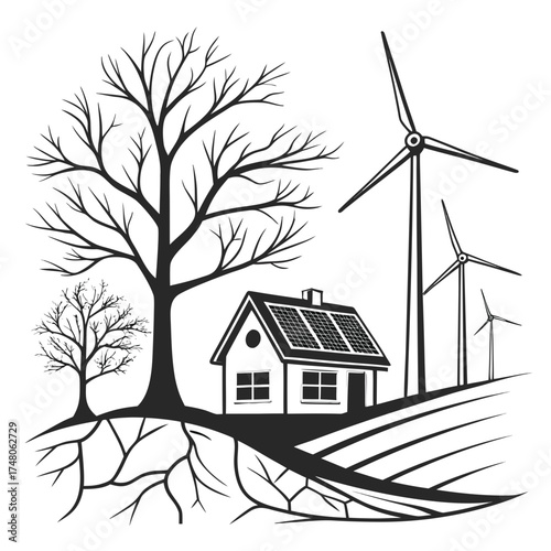 Sustainable living with a solar powered house and wind turbines in a natural landscape