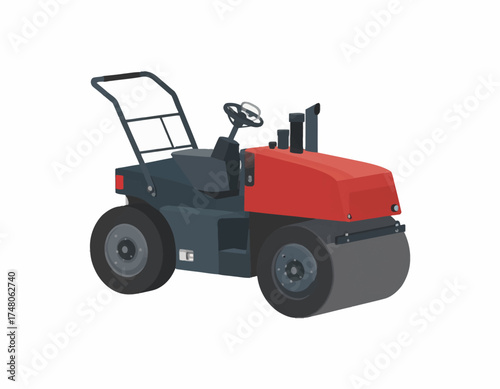 A red and black road roller with a large drum and steering wheel against a clean white background.