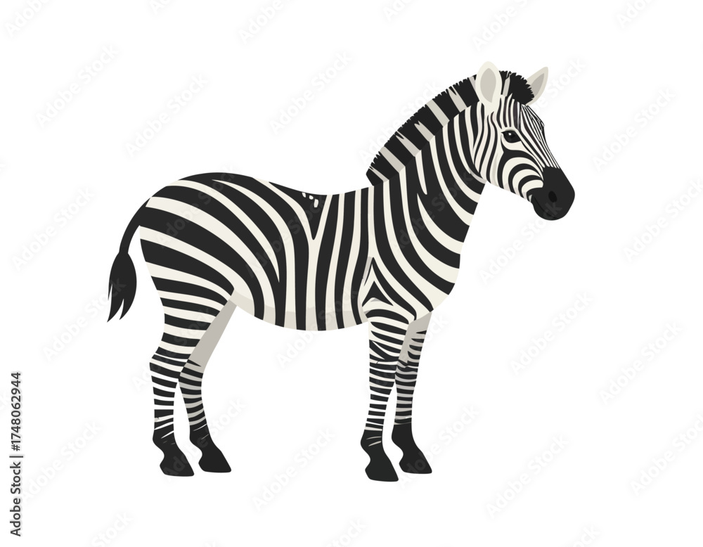 Obraz premium Standing zebra with black and white stripes against a clean white background.