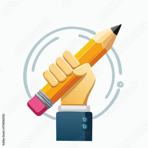 A stylized illustration of a hand in a suit jacket holding a large yellow pencil with a pink eraser.