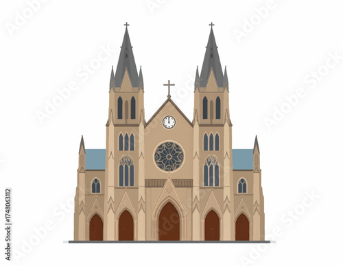 Graphic illustration of a tan Gothic church with two towers and a clock, set against a plain white background.