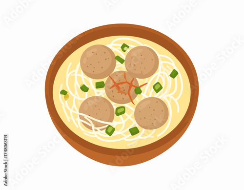 Flat lay illustration of a bowl of noodles with meatballs and vegetables on a plain background.