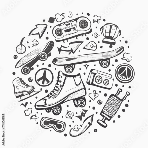 Black and white illustration of various recreational items arranged in a circular composition.