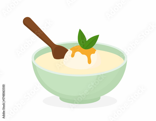 Graphic illustration of a green bowl filled with creamy porridge topped with honey and leaves against a clean white background.