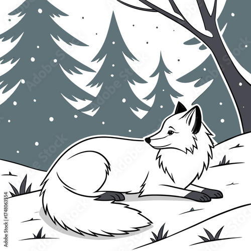 Vector art of a serene arctic fox rests in a snowy winter landscape, , surrounded by snowcovered pine trees, creating a peaceful and cold scene