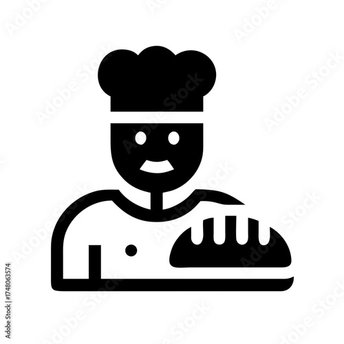 Vector art of a smiling chef with a toque is holding a loaf of bread, representing culinary expertise and bakery skills