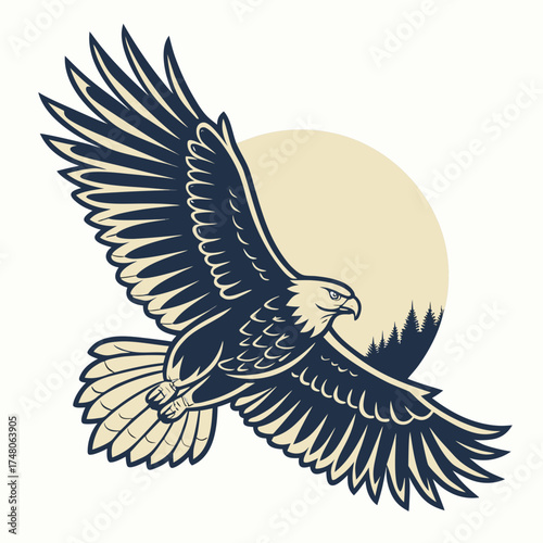 Vector art of majestic bald eagle soars against a serene moonlit backdrop, its wings spread wide in graceful flight, a symbol of freedom and power