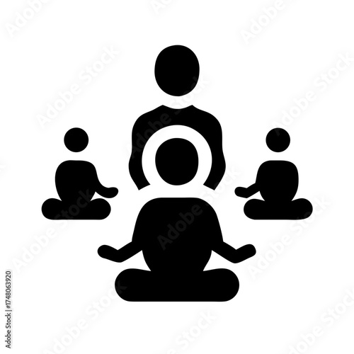 Vector art of meditation class icon group of people sitting in lotus position with instructor, practicing mindfulness and relaxation techniques for stress relief