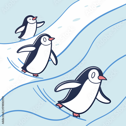 Vector art of penguin slide cartoon three cute penguins sliding down a snowy hill, enjoying winter fun and adventure in a playful illustration