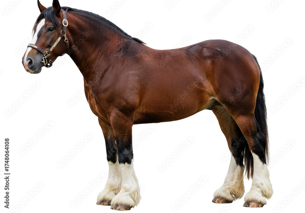 Obraz premium Isolated Draught Horse brown horse posing, close-up side profile of a horse, equine portrait