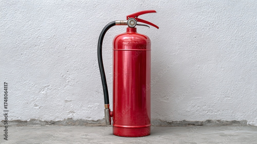 Obraz premium A fire extinguisher, standing tall and red, symbolizing safety and preparedness in a simple indoor setting against a textured white wall and concrete floor.